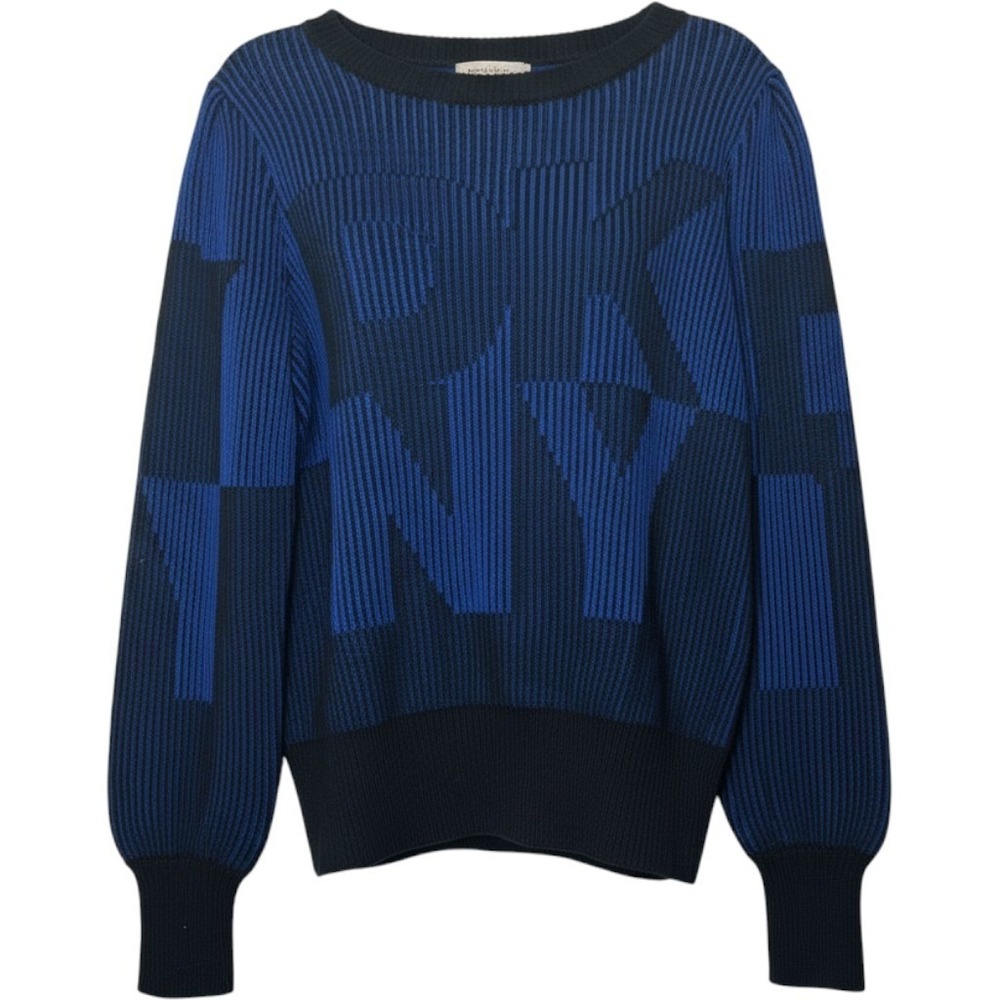 DKNY Blue Black Logo Ribbed long sleeve Knit crewโ neck Sweater Size M NWT